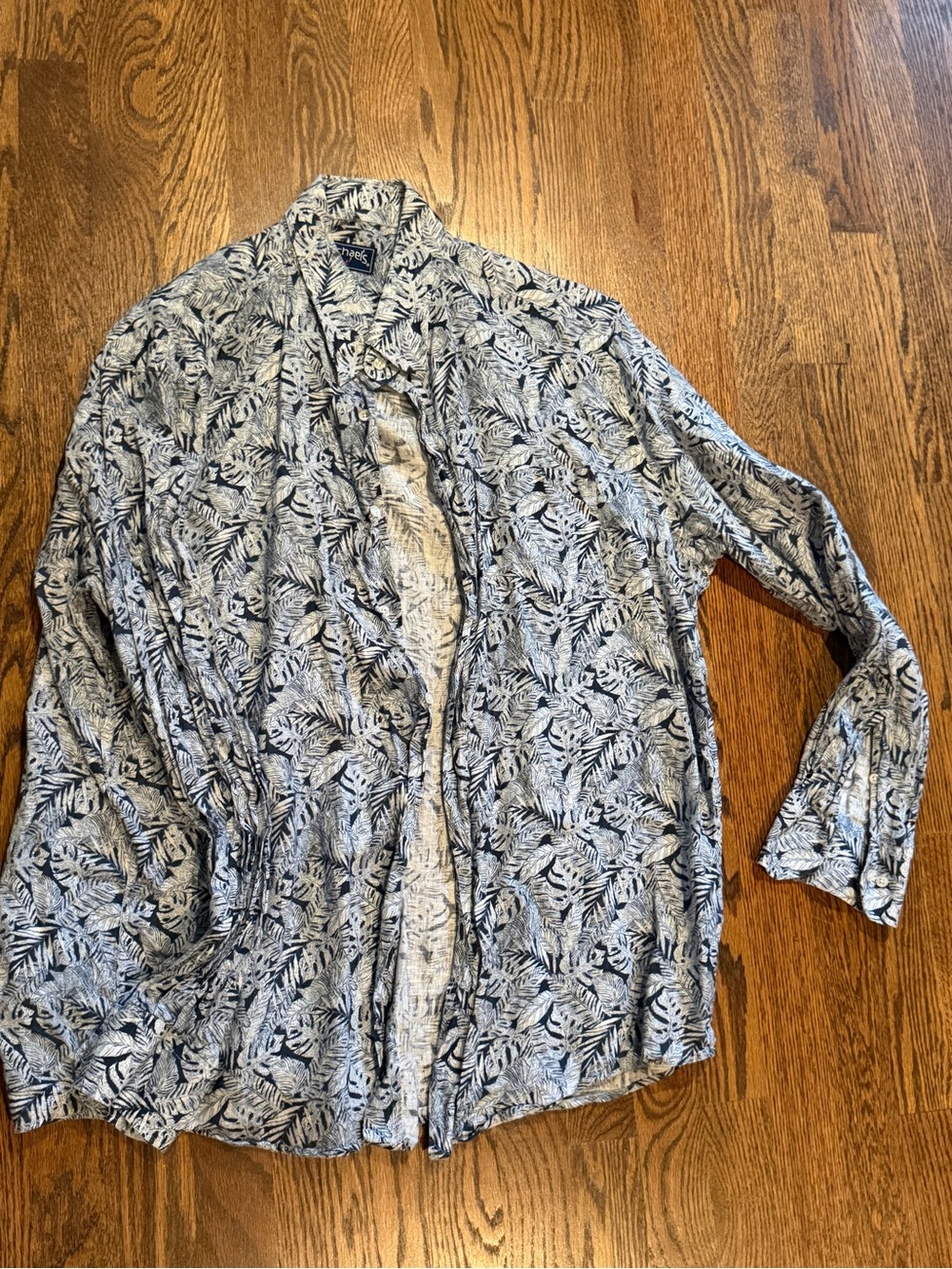 Michaels linenNavy and White Tropical Leaf Button-Down Shirt